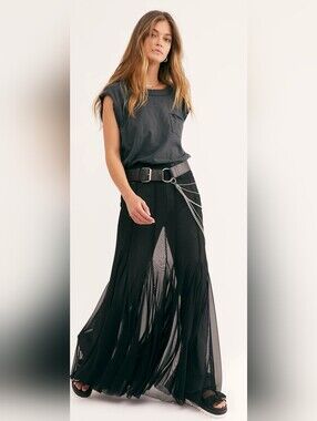 Free People Intimately Godet Girl Black Mesh 1/2 Slip Maxi Skirt